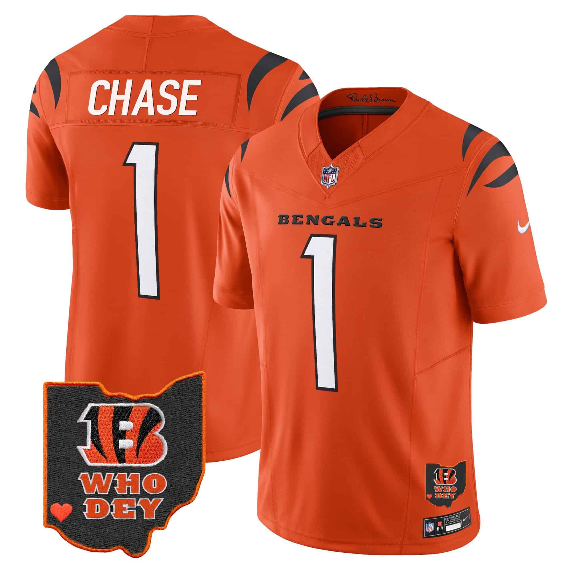 Men Cincinnati Bengals #1 Chase Orange 2024 Nike Patch Vapor Limited NFL Jersey